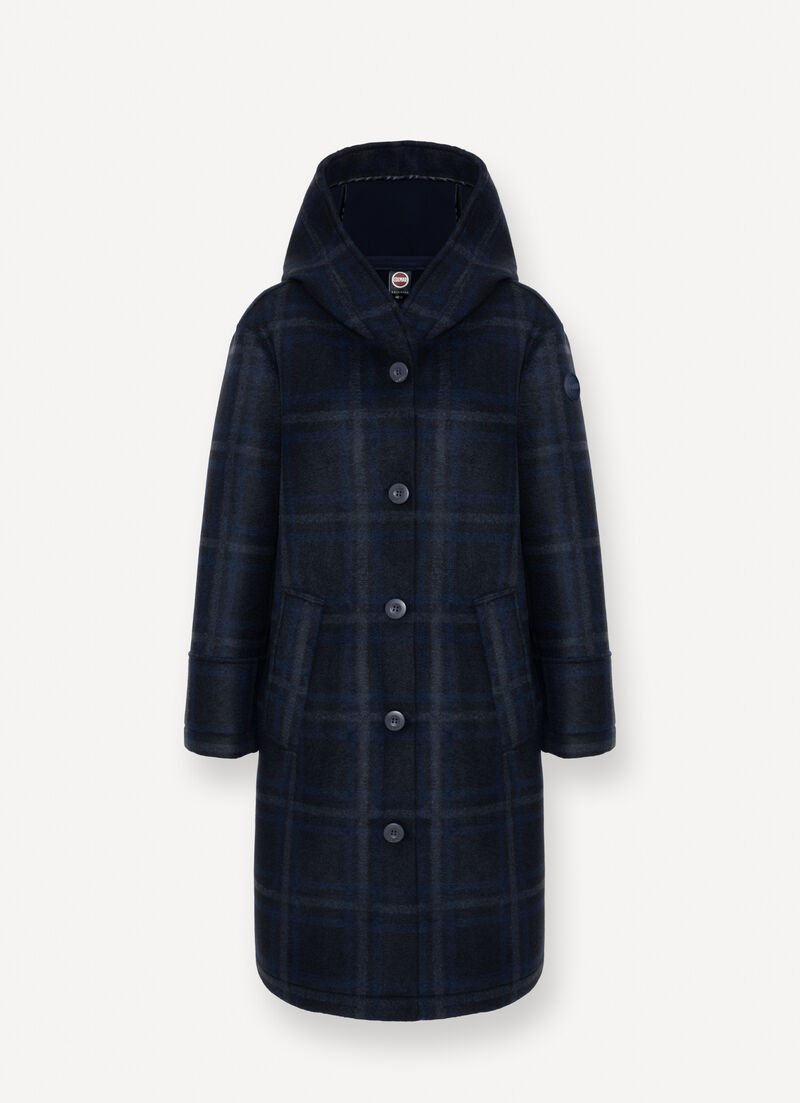 Long check hooded coat