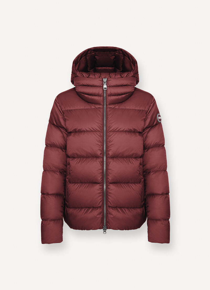 Down jacket with detachable hood and drawstring