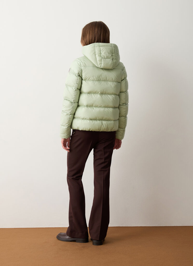 Down jacket with detachable hood and drawstring