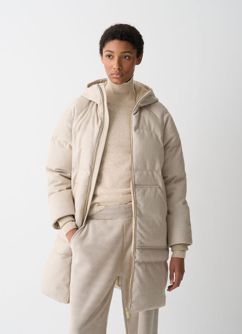 Long down jacket with chevron pattern