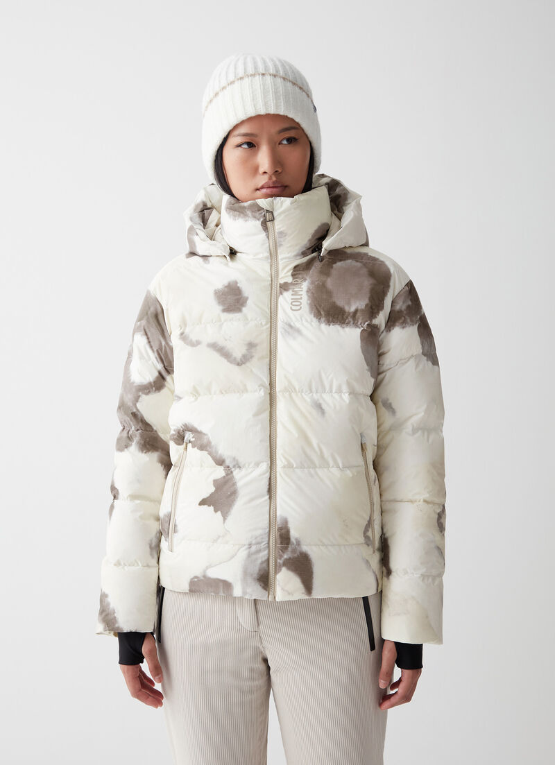 Extra-warm down ski jacket with watercolour print
