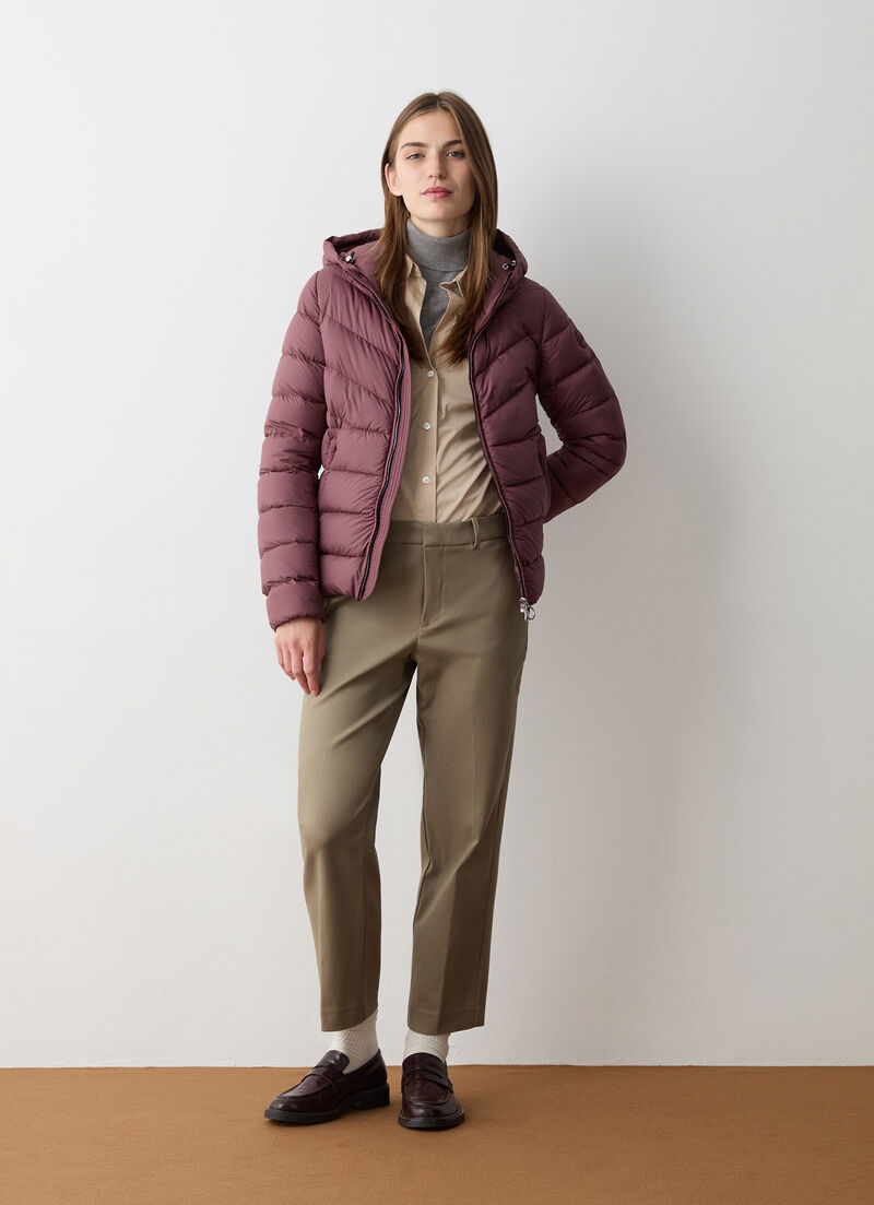 Down jacket with fixed hood in matt fabric