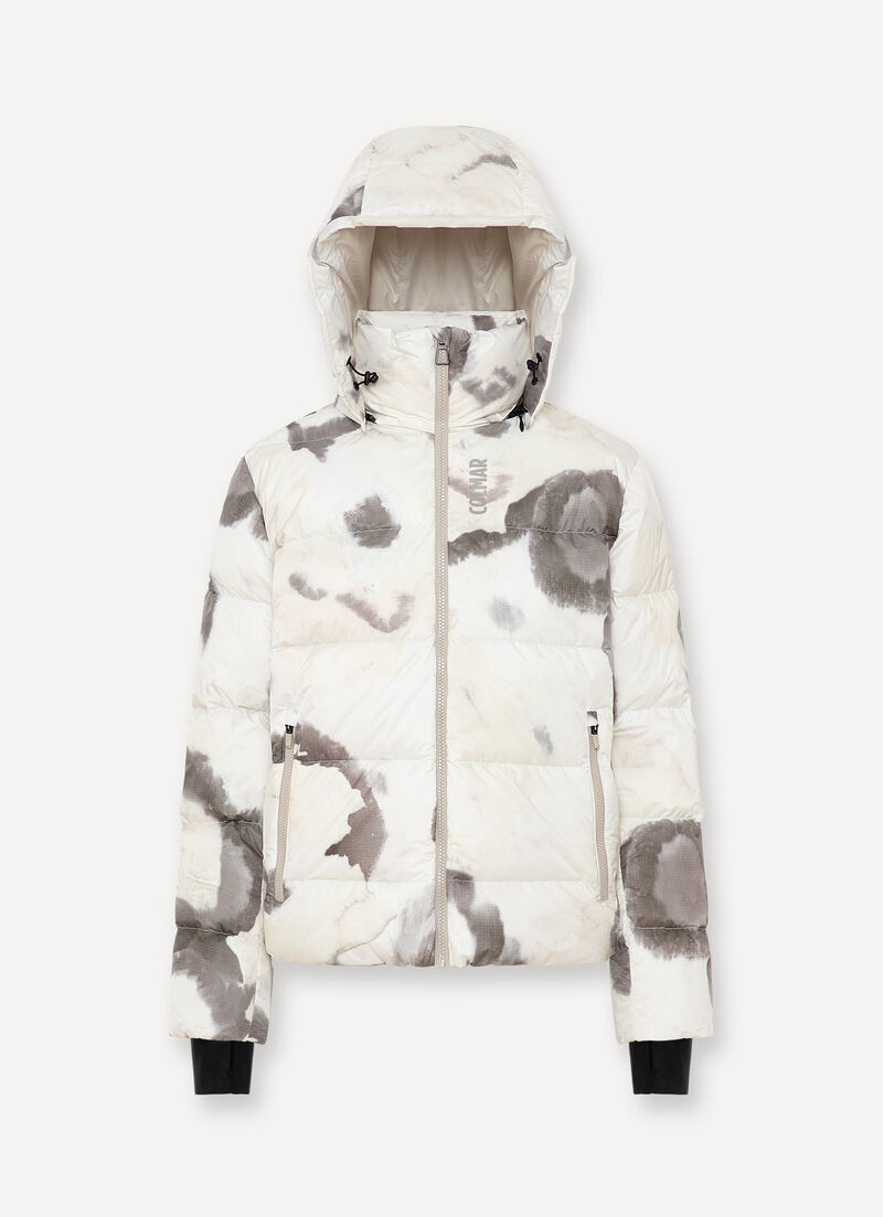 Extra-warm down ski jacket with watercolour print