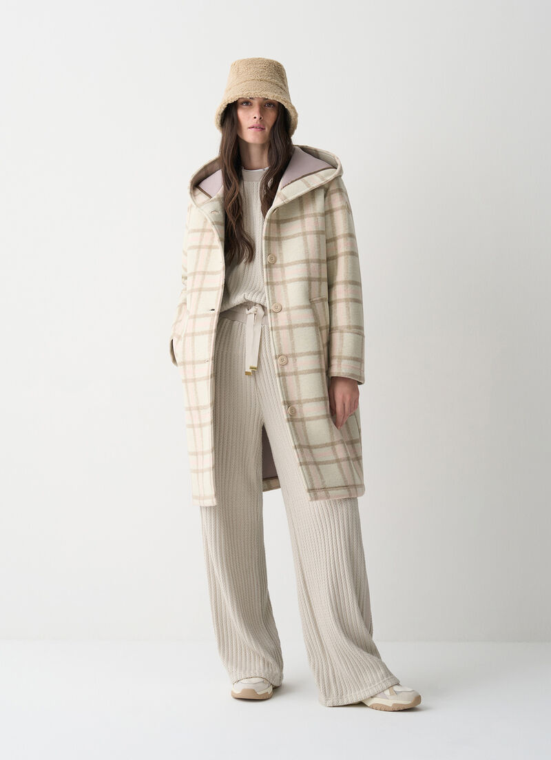 Long check hooded coat