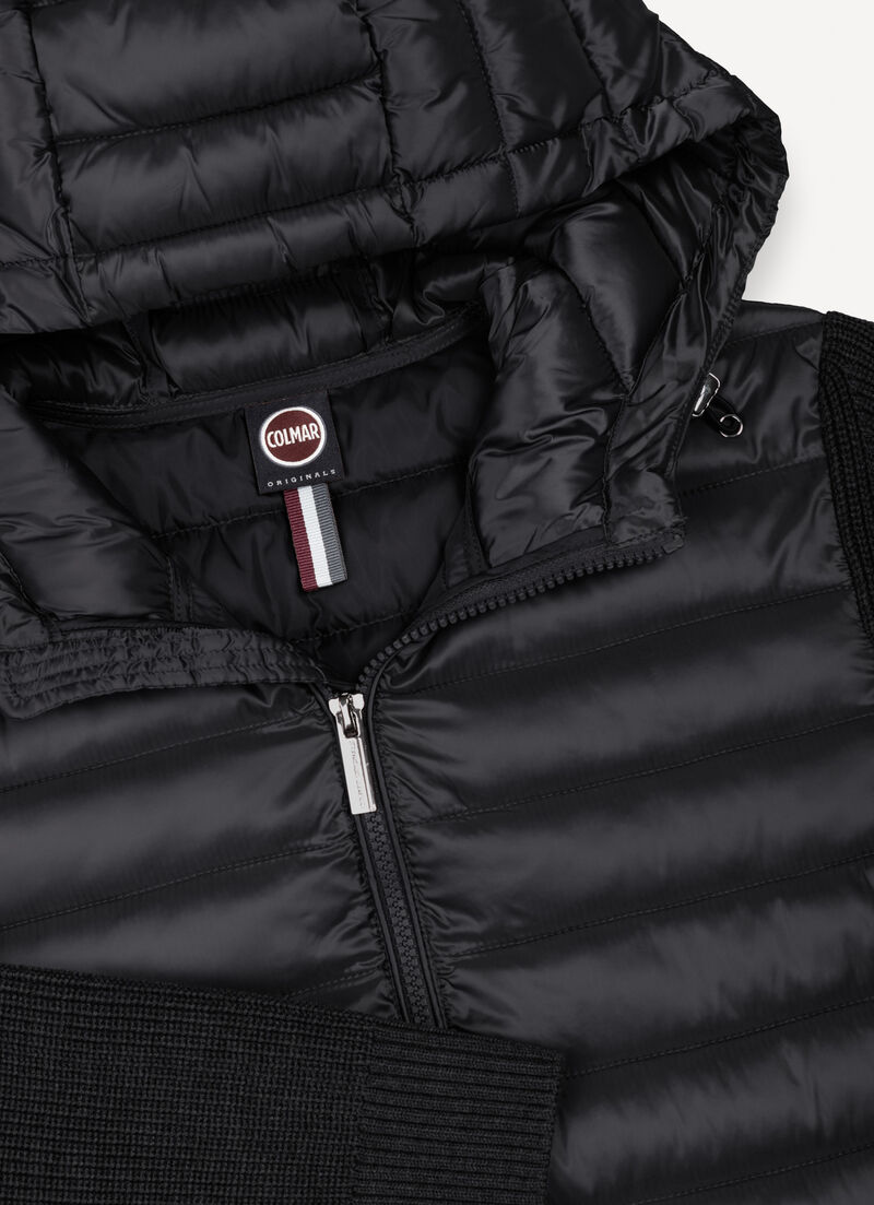 Hooded jacket with knit sleeves