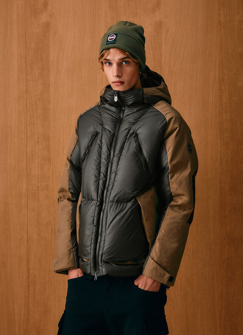 Colour-block down jacket with waxed sleeves