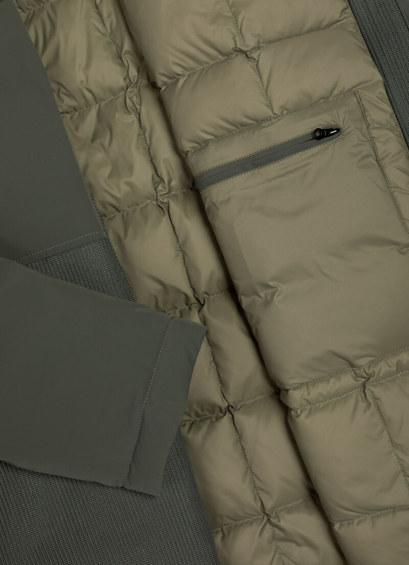Bi-material hooded down jacket