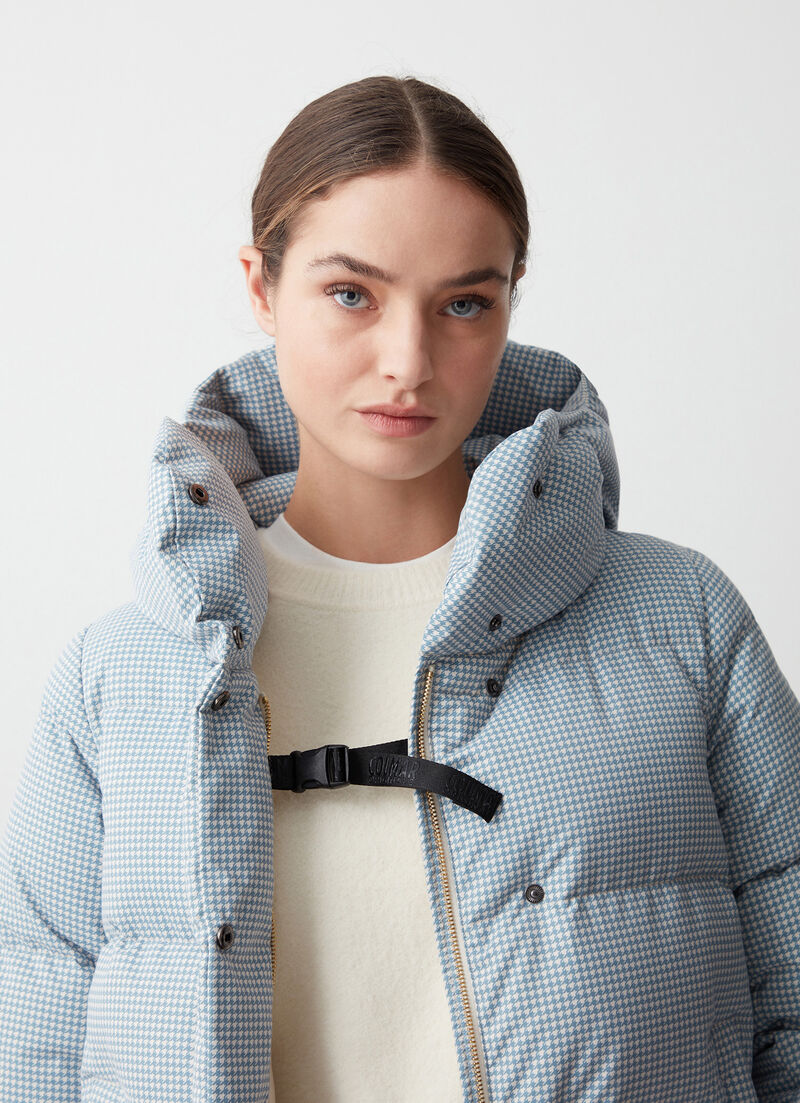 Houndstooth down jacket with maxi-hood