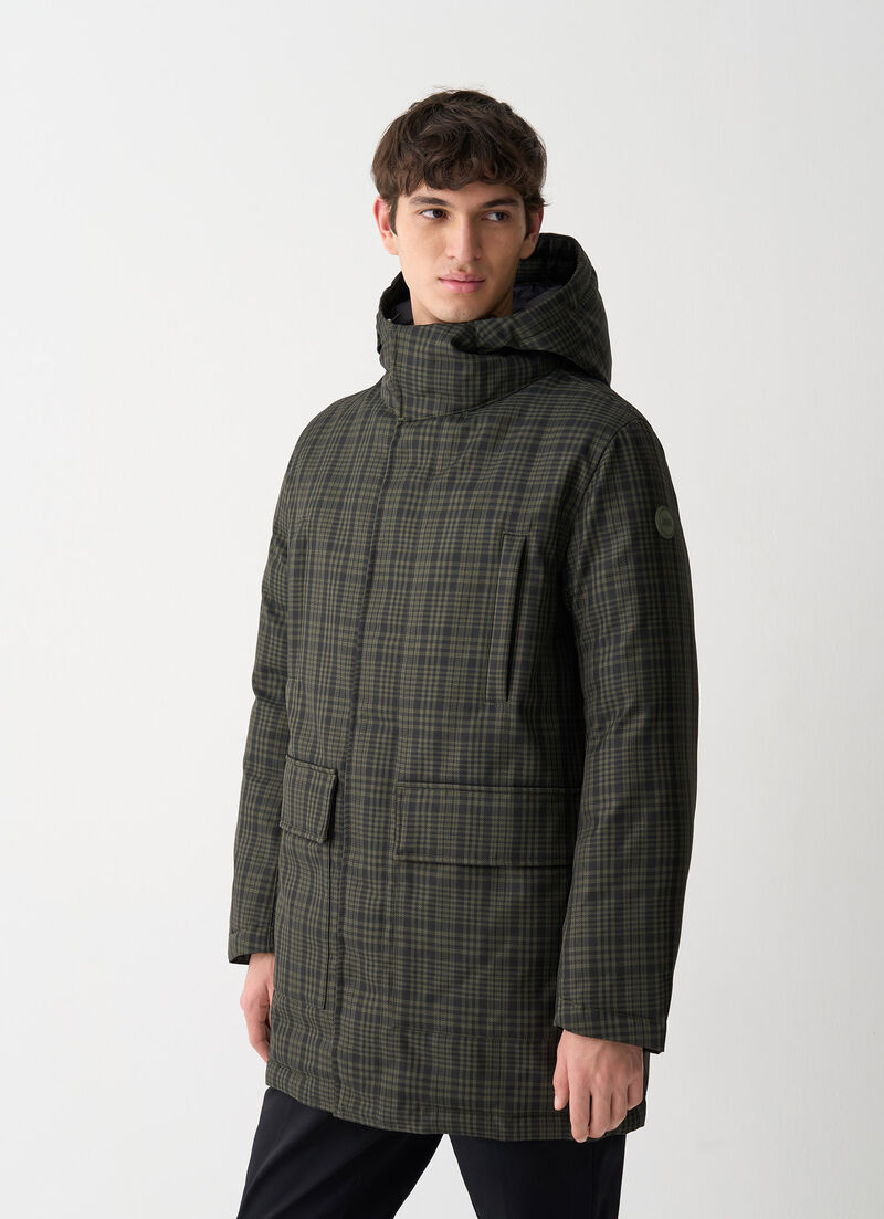 Long check down jacket with hood
