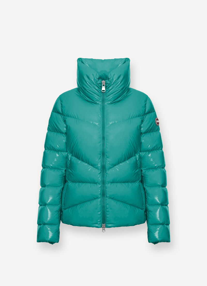 Super-glossy down jacket with padded collar