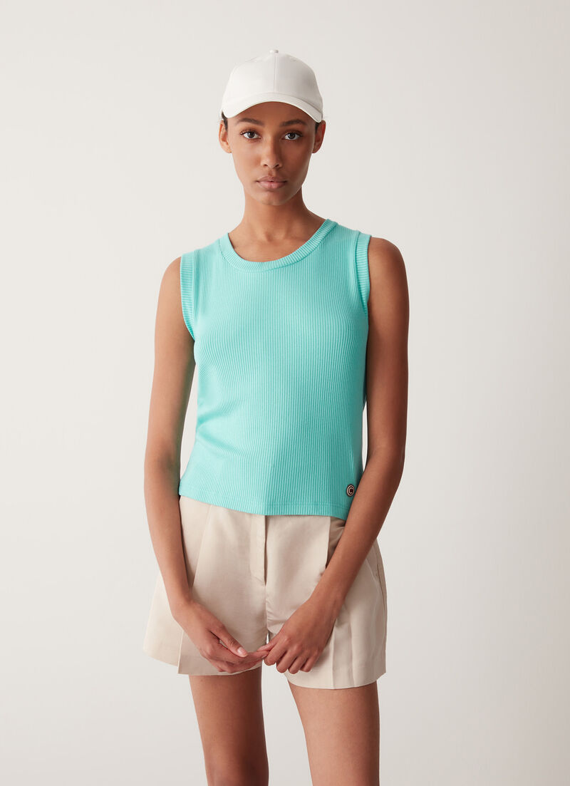 Sleeveless top in ribbed viscose blend fabric