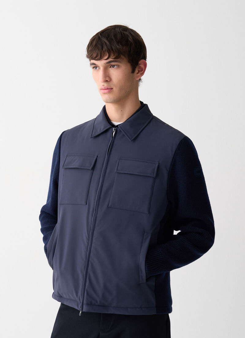Shirt jacket with knit sleeves
