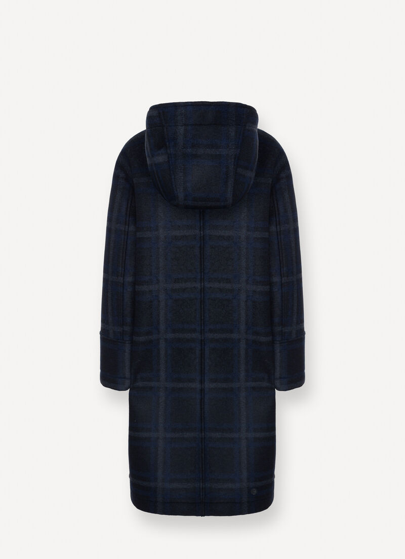 Long check hooded coat
