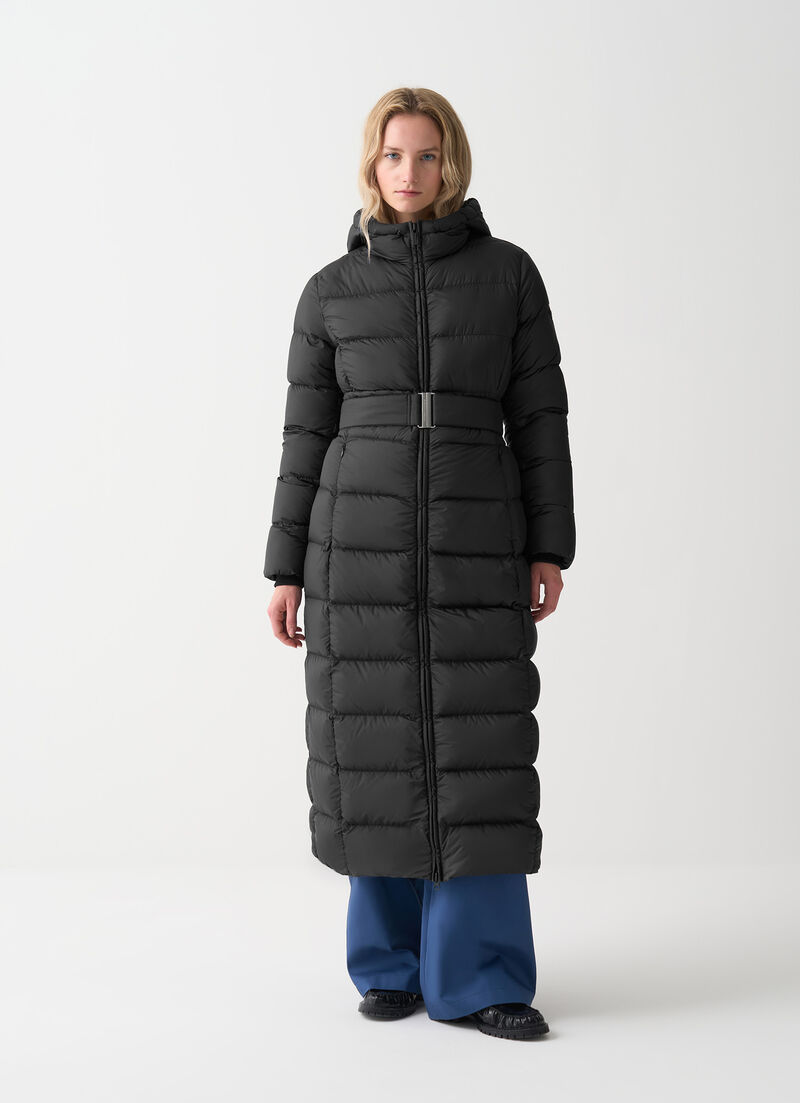 Long matte down jacket with belt