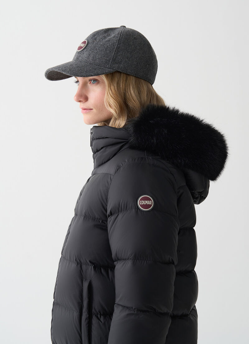 Turtle neck down jacket with faux fur