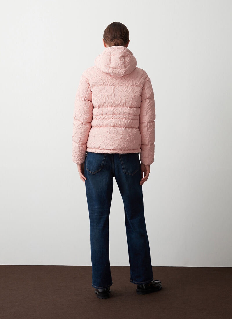 Short down jacket with 3D floral design and drawstring