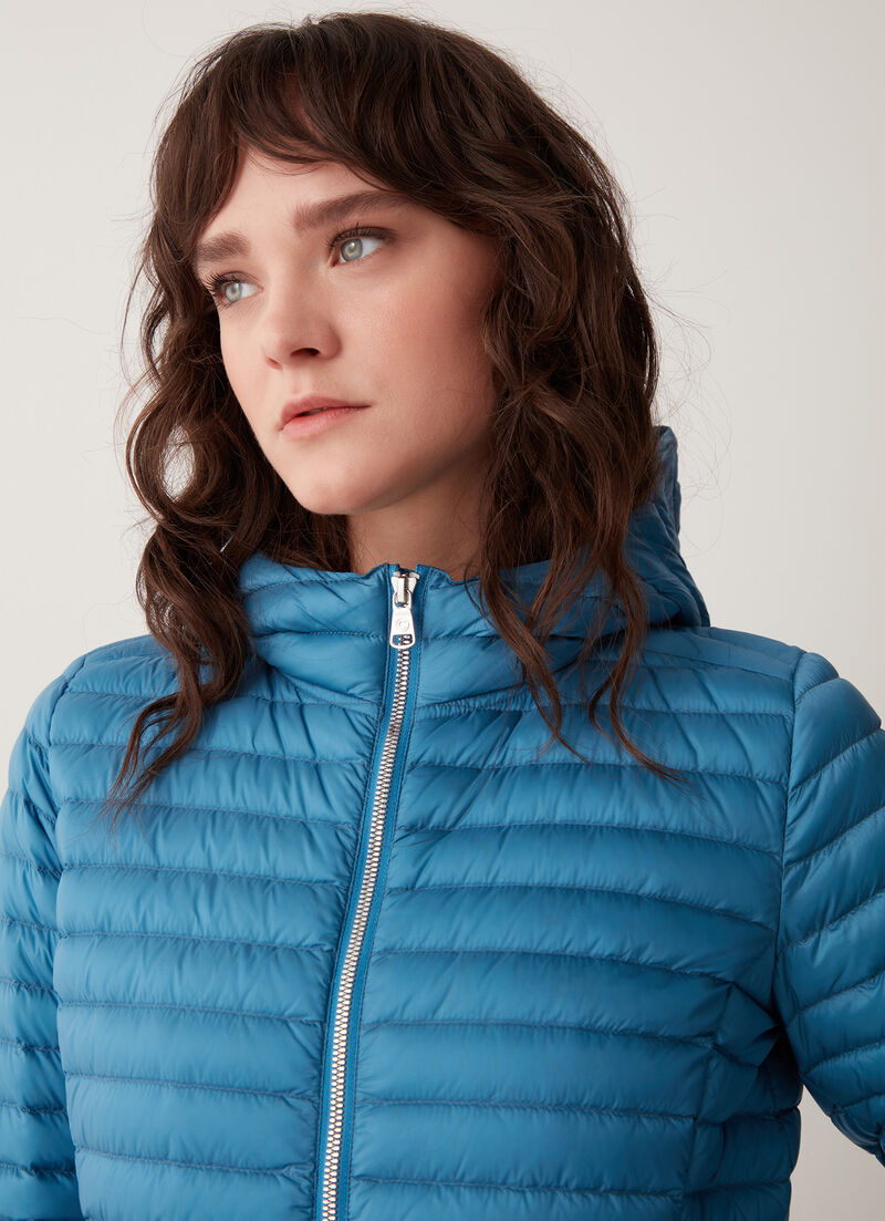 Hooded mid-length down jacket