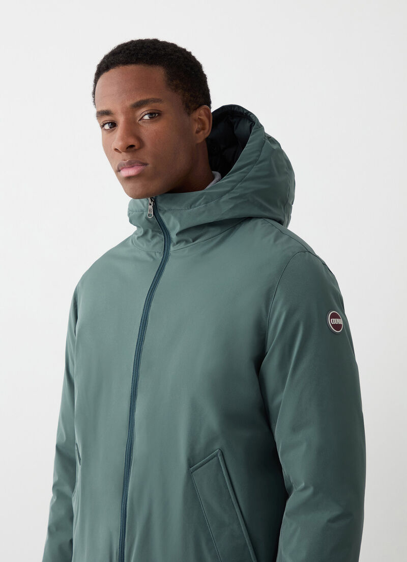 Long reversible down jacket with seamless interior