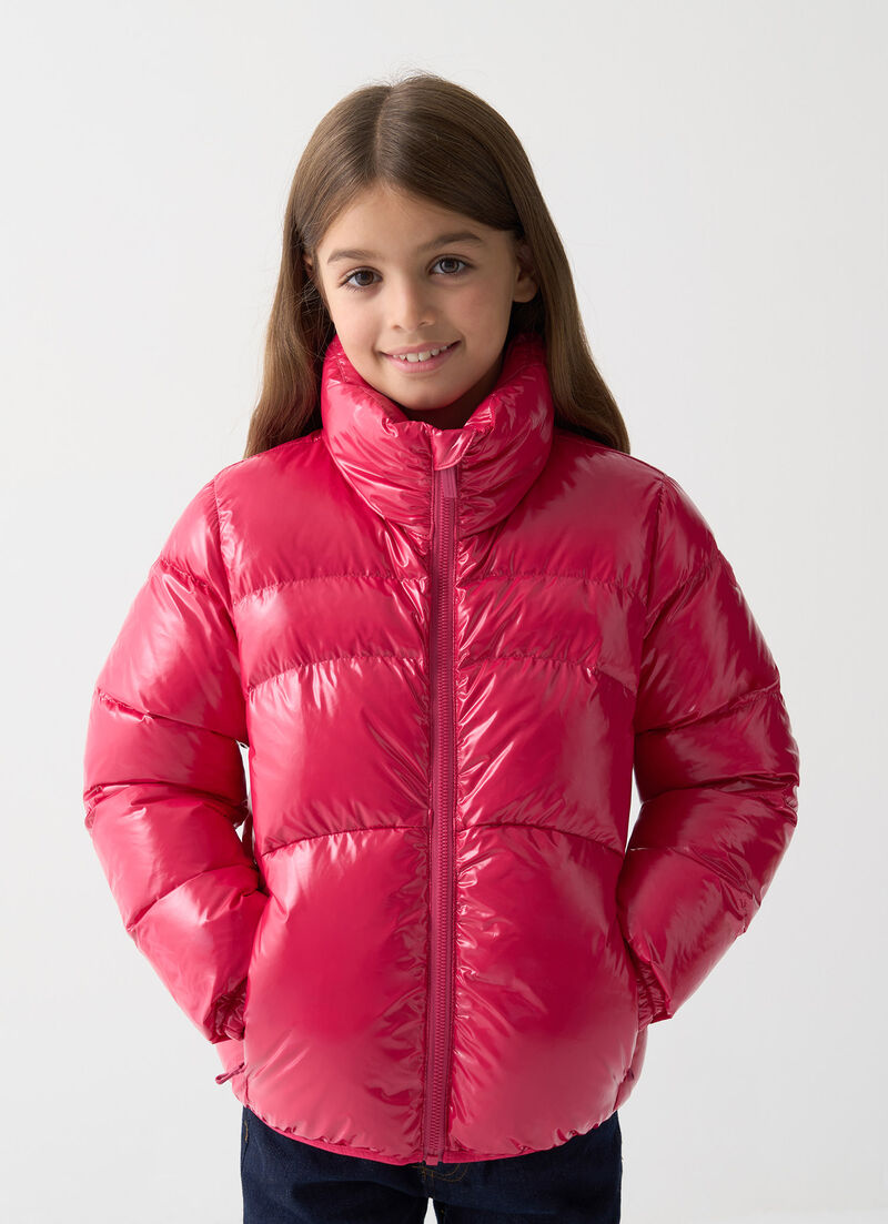 Glossy down jacket with high collar