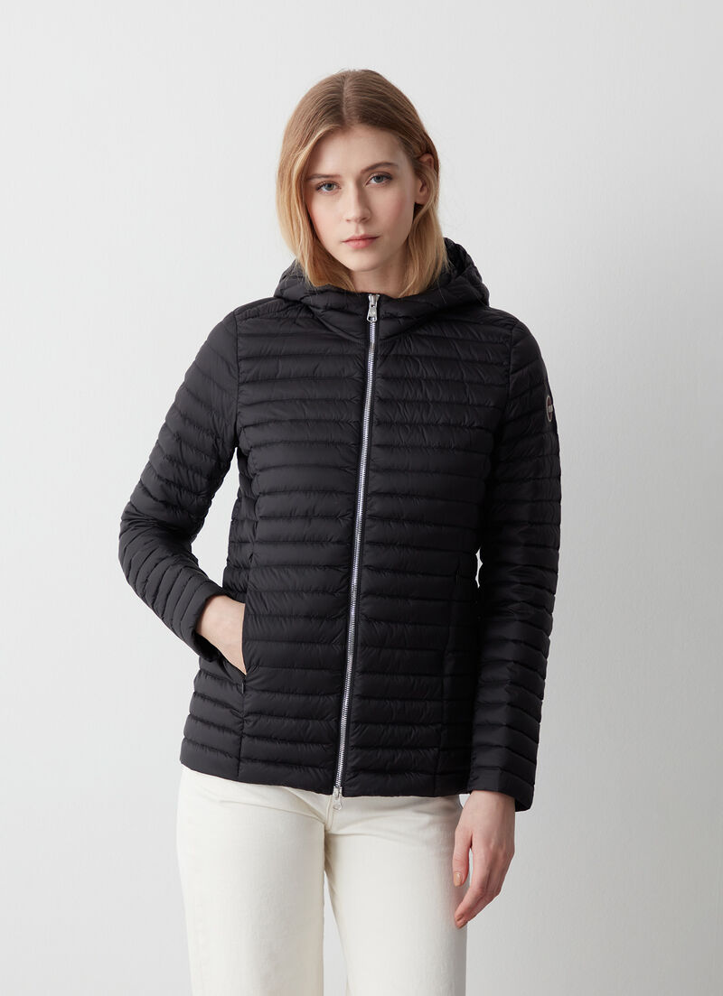 Hooded mid-length down jacket