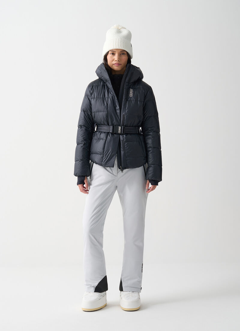 Glossy padded ski jacket with belt