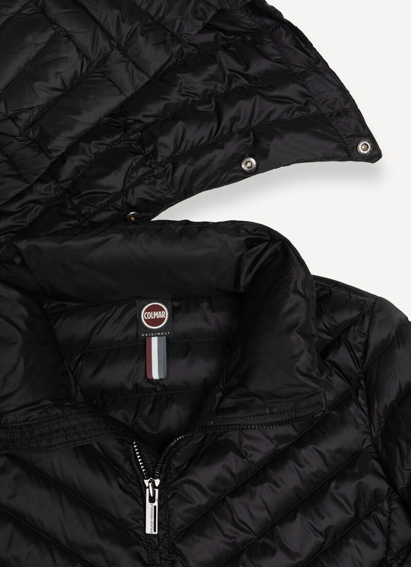 Long lightweight down jacket with hood