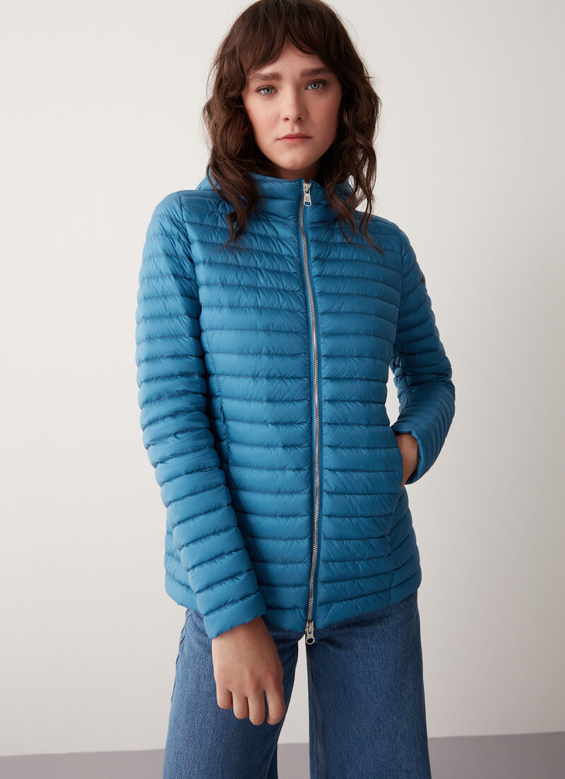 Hooded mid-length down jacket