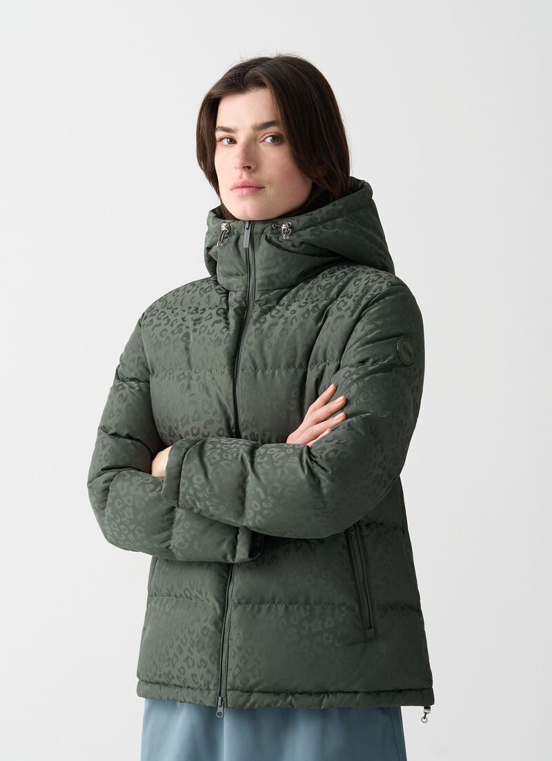 Animal-print hooded down jacket