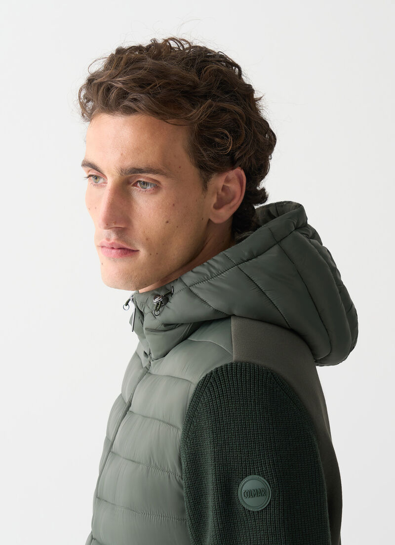 Hooded jacket with knit sleeves