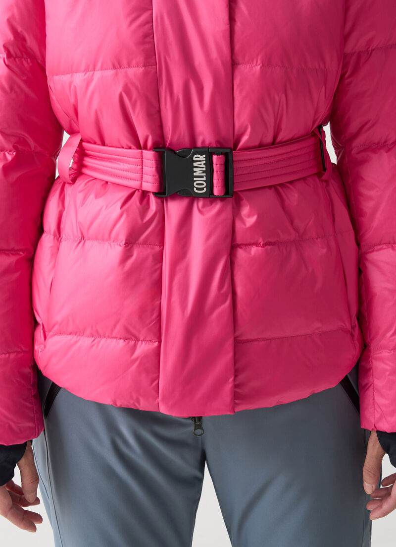 Glossy padded ski jacket with belt