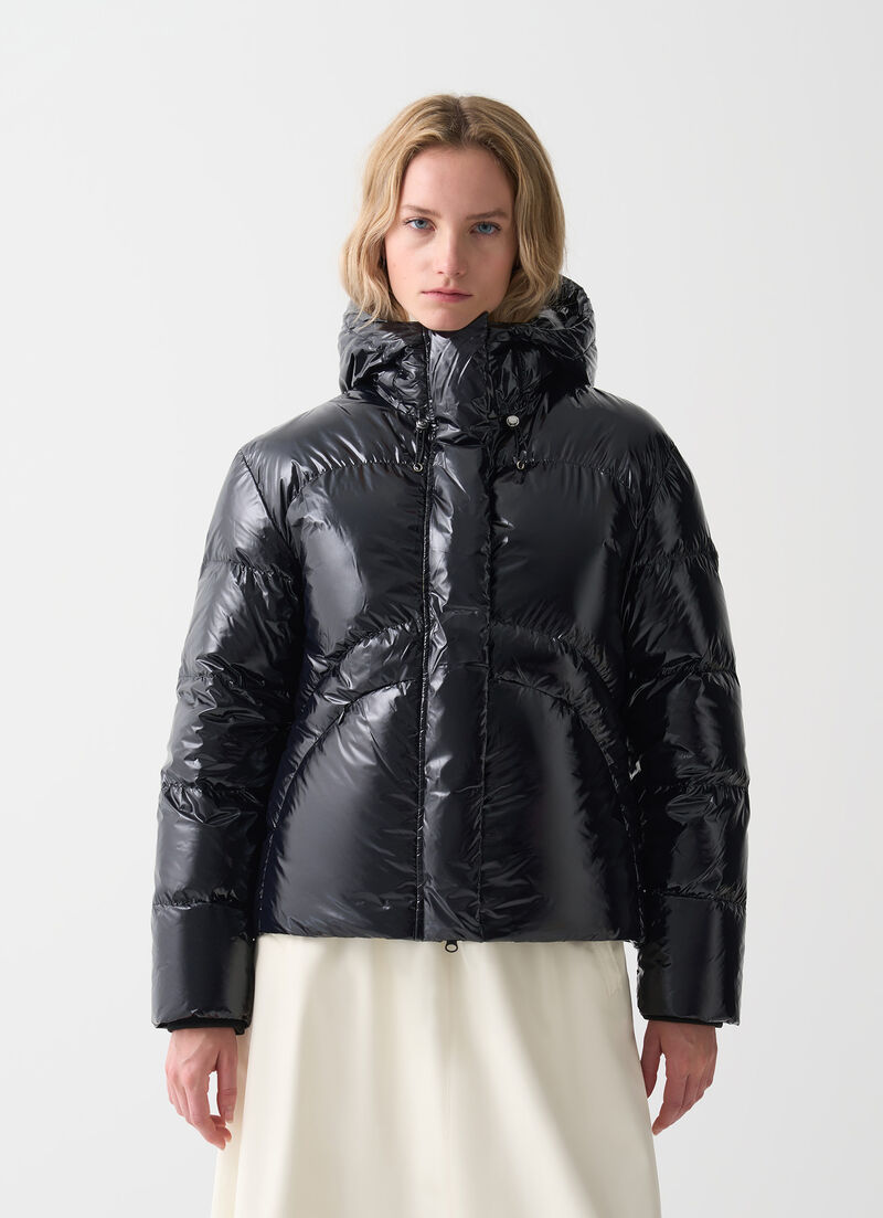 Glossy hooded down jacket