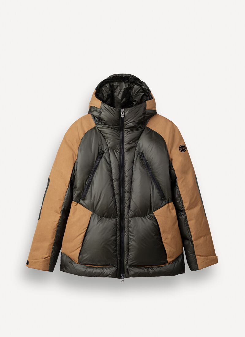 Colour-block down jacket with waxed sleeves