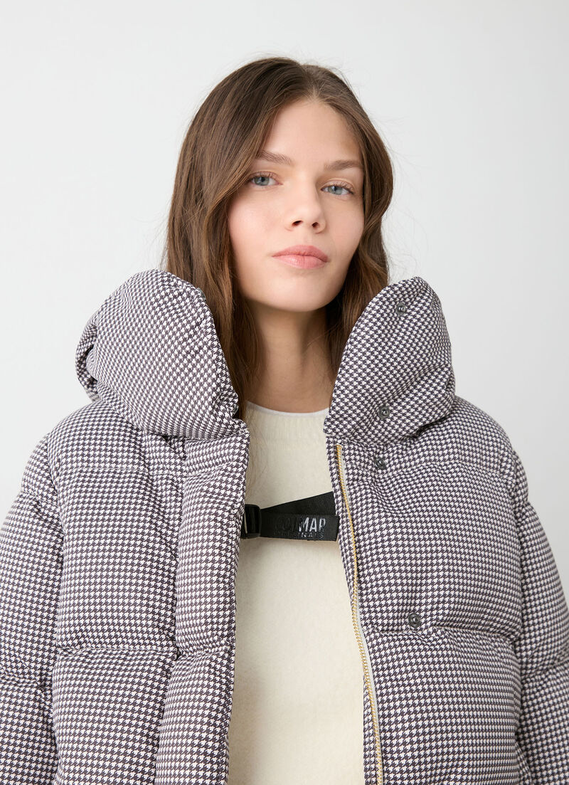 Houndstooth down jacket with maxi-hood