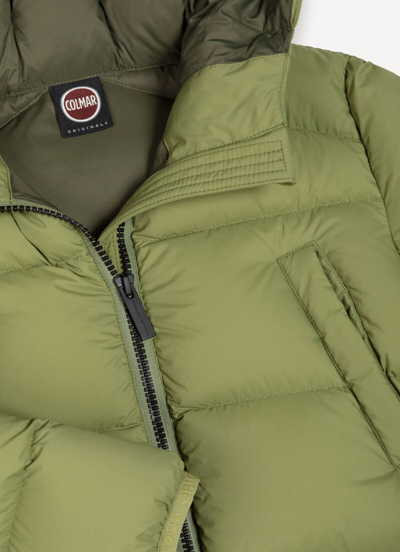 Down jacket with hood and multiple pockets