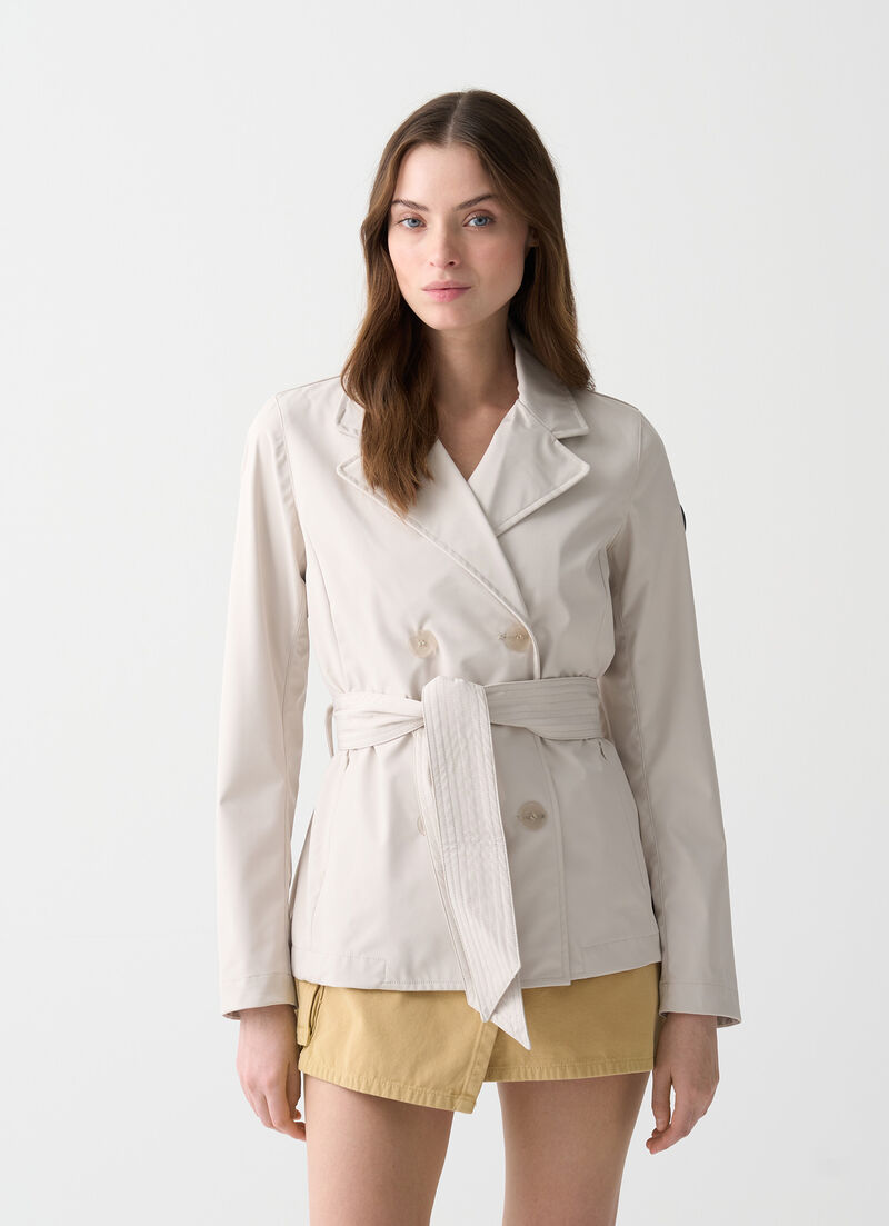 Short softshell trench coat with belt
