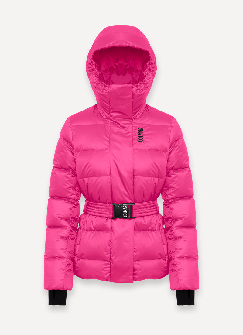Glossy padded ski jacket with belt