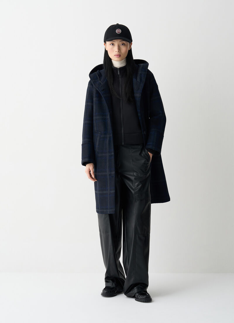 Long check hooded coat