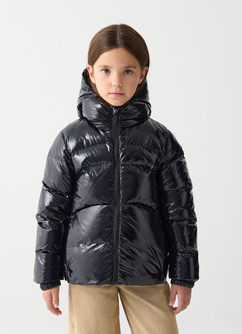 Glossy hooded down jacket