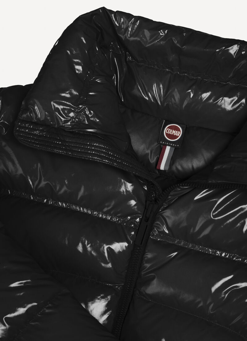 Glossy down jacket with high collar