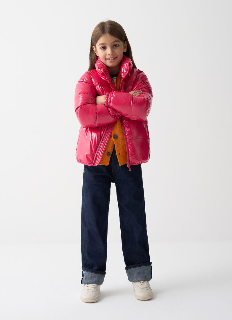 Glossy down jacket with high collar