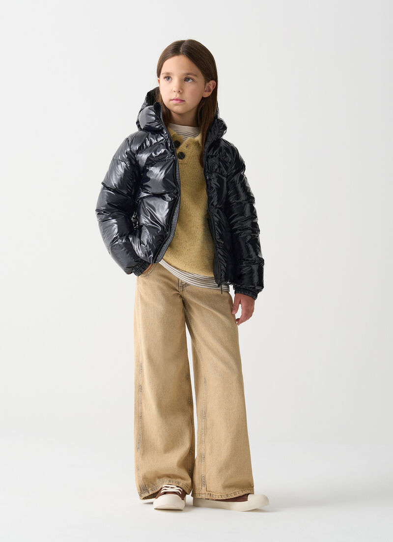 Glossy hooded down jacket