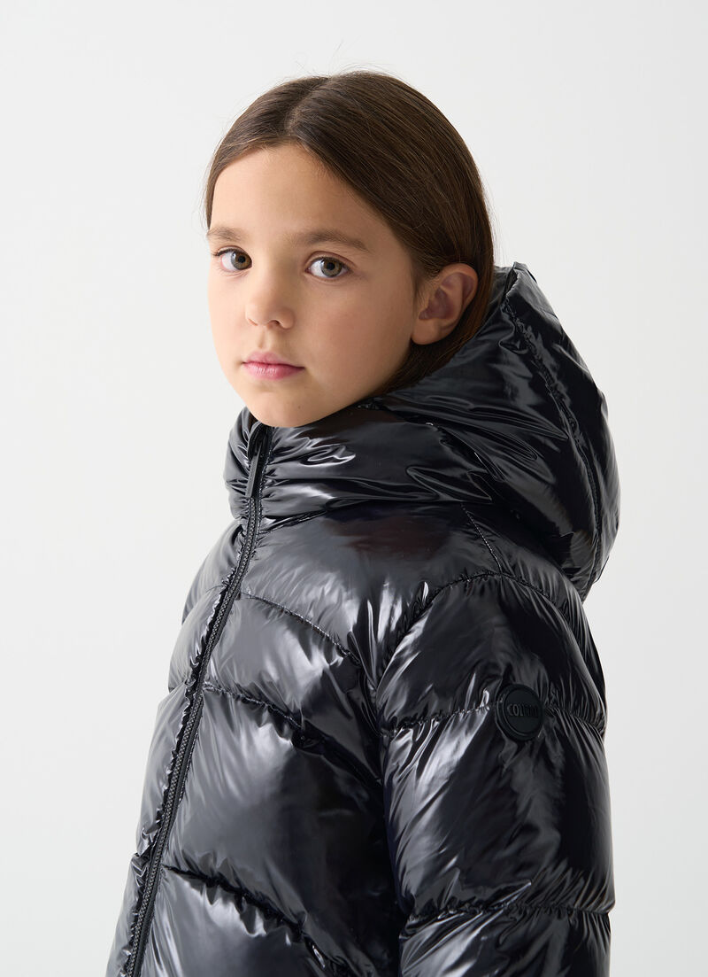 Glossy hooded down jacket