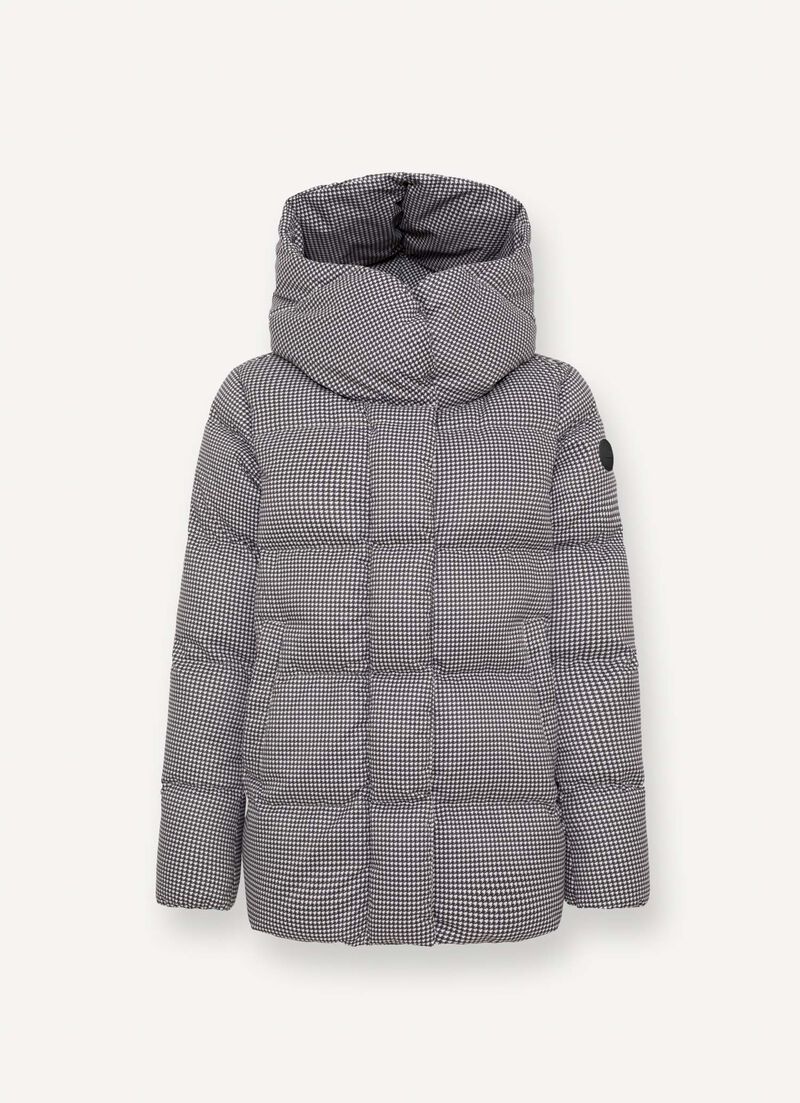 Houndstooth down jacket with maxi-hood