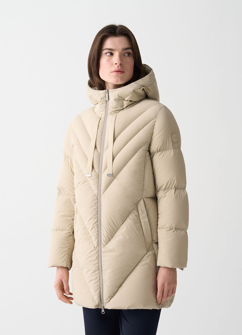 Long stretch down jacket with drawstring