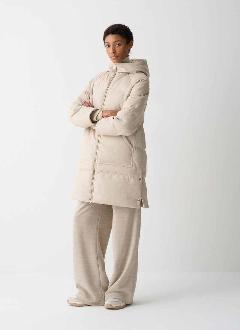 Long down jacket with chevron pattern