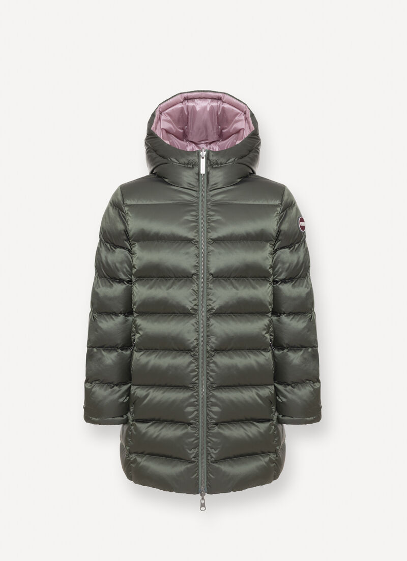 Reversible hooded mid-length down jacket