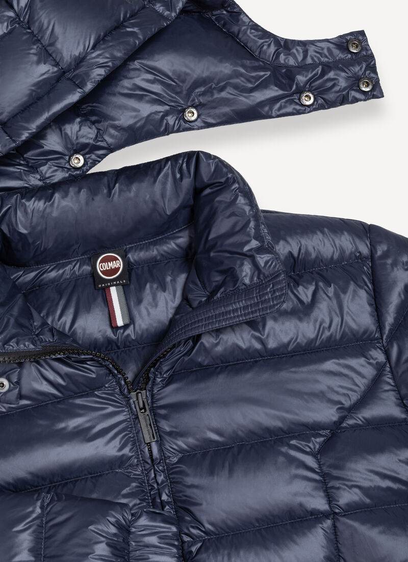 Shiny down jacket with detachable hood