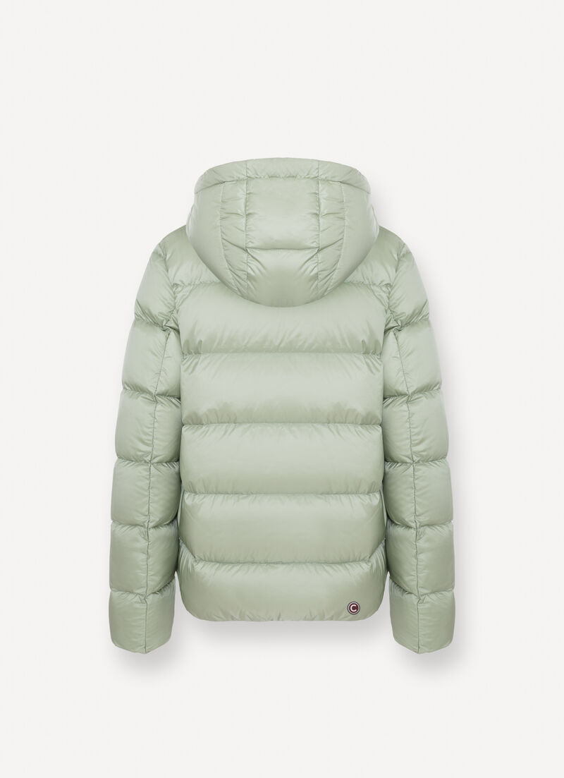 Down jacket with detachable hood and drawstring