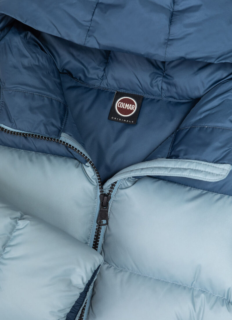 Two-tone hooded down jacket