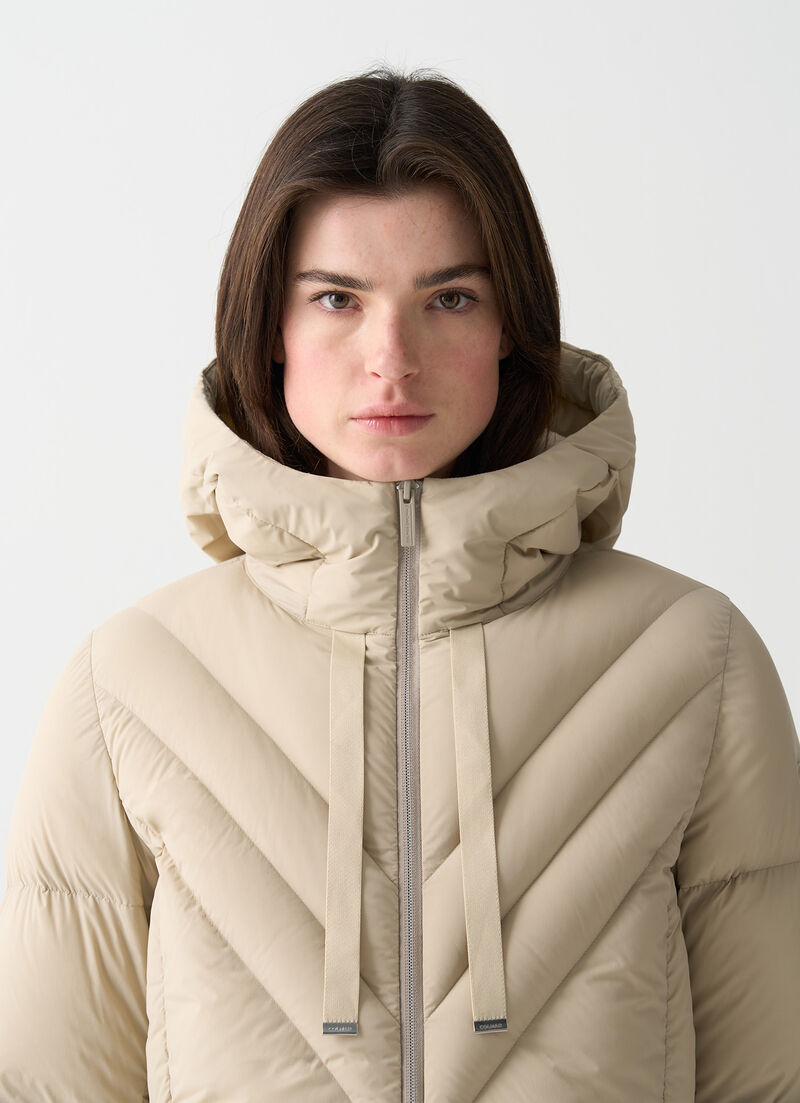 Long stretch down jacket with drawstring